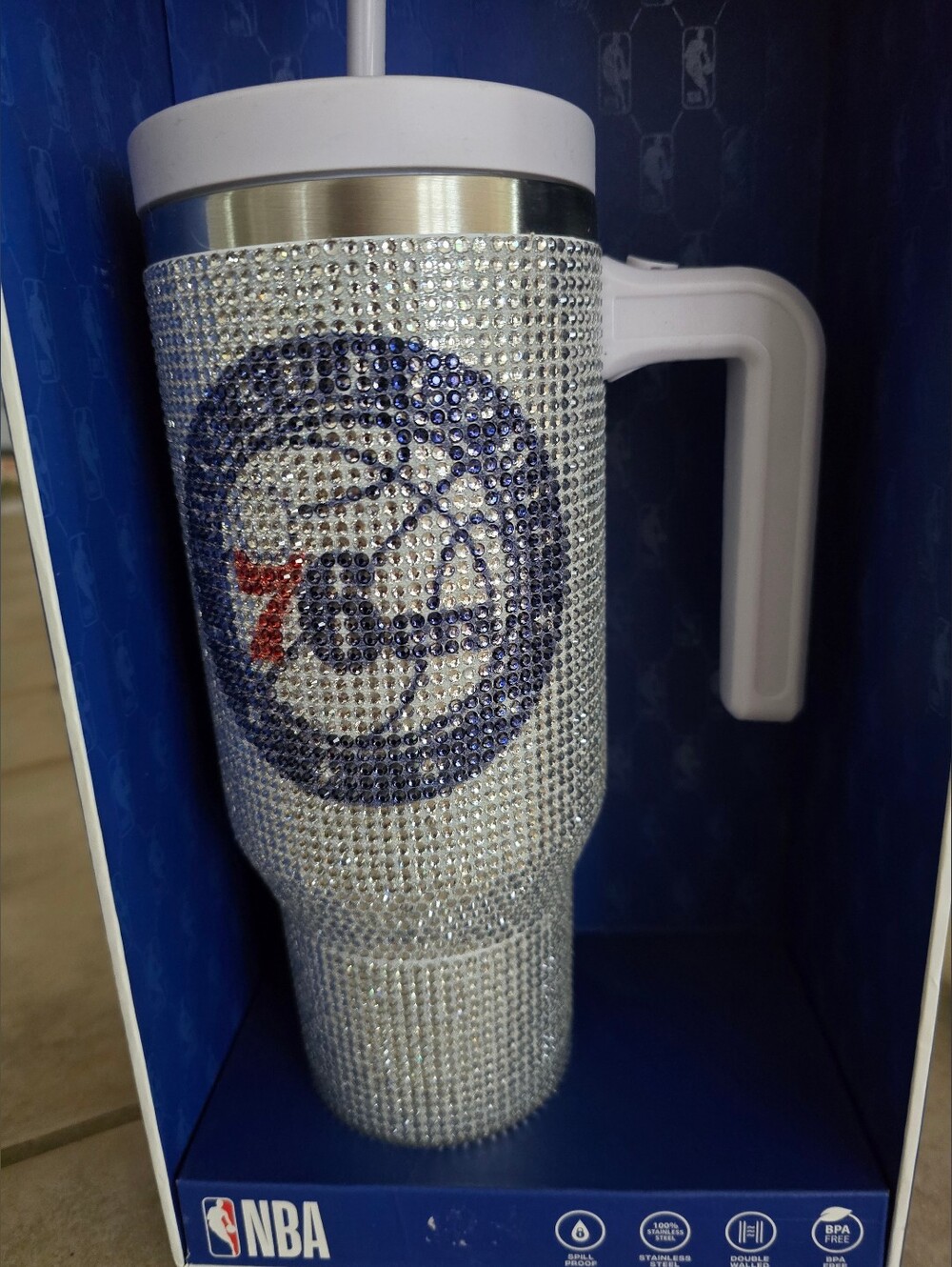 NIB NBA Bling Rhinestone Travel Tumbler in White, Philadelphia 76ers 40 Oz